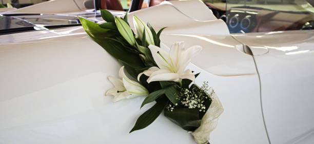 Sports car with wedding decorations, celebration and event