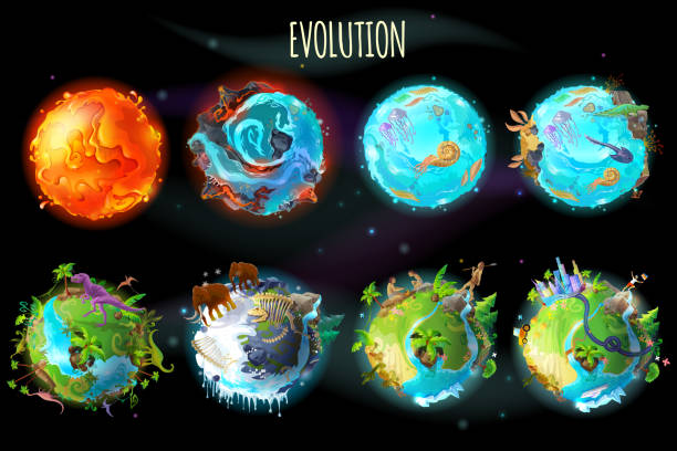 Vector cartoon planet evolution game design set Vector cartoon fantastic planet Earth, world evolution set. Cosmic, space element game, timeline infographic design. Illustration from burning lava, water period, ice Age to green tropical plant river grand singe stock illustrations