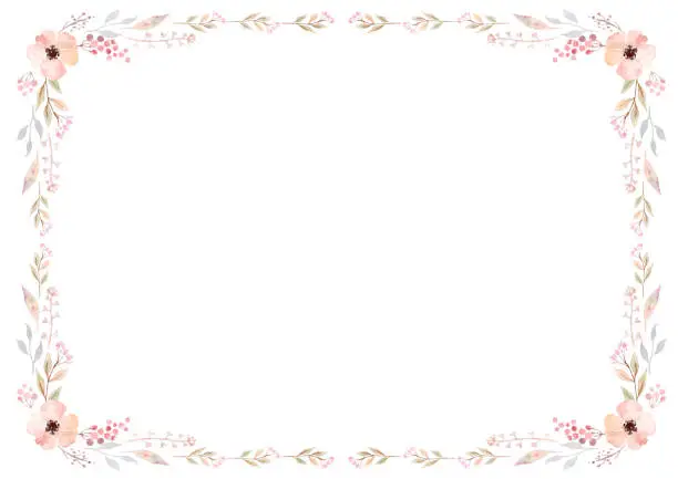 Vector illustration of Floral frame template with pink flowers and swirly leaves on white background.