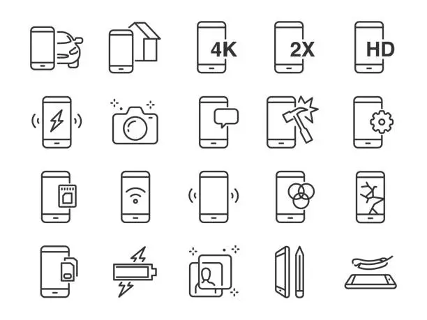 Vector illustration of Mobile line icon set. Included the icons as smartphone, memory, battery, filter, screen, power, charger and more.