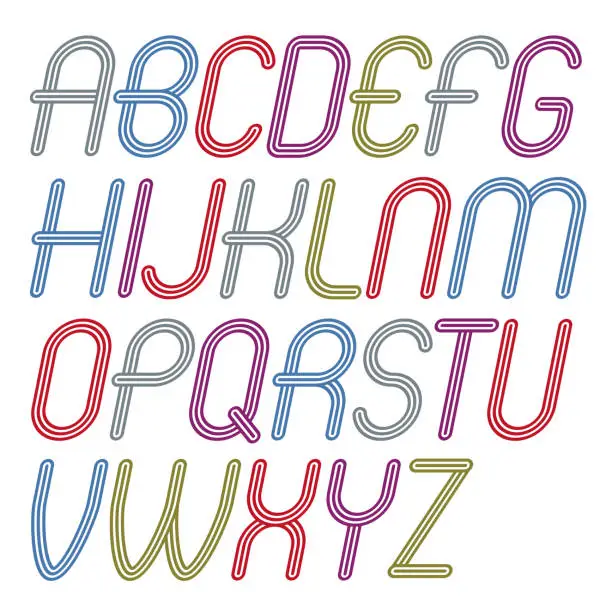 Vector illustration of Vector cool capital alphabet letters collection. Retro italic rounded type font, script from a to z. Created using triple stripy, parallel lines.