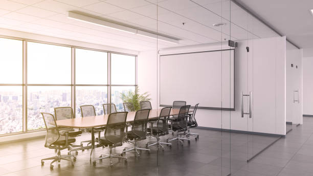 istock Office interior with large desk and blank writing board 915795314