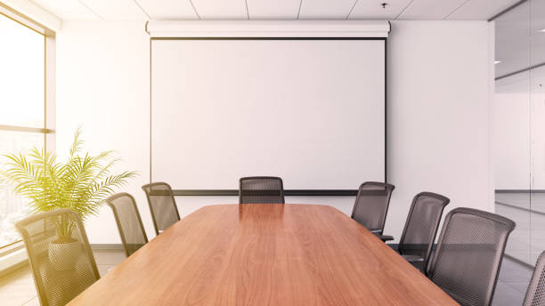 istock Office interior with large desk and blank writing board 915795340