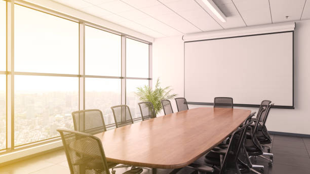 istock Office interior with large desk and blank writing board 915795346