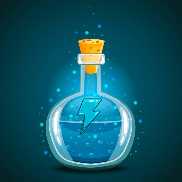 ilustraciones, imágenes clip art, dibujos animados e iconos de stock de botella de elixir mágico con el símbolo de la energía - antidote toxic substance ingredient bottle