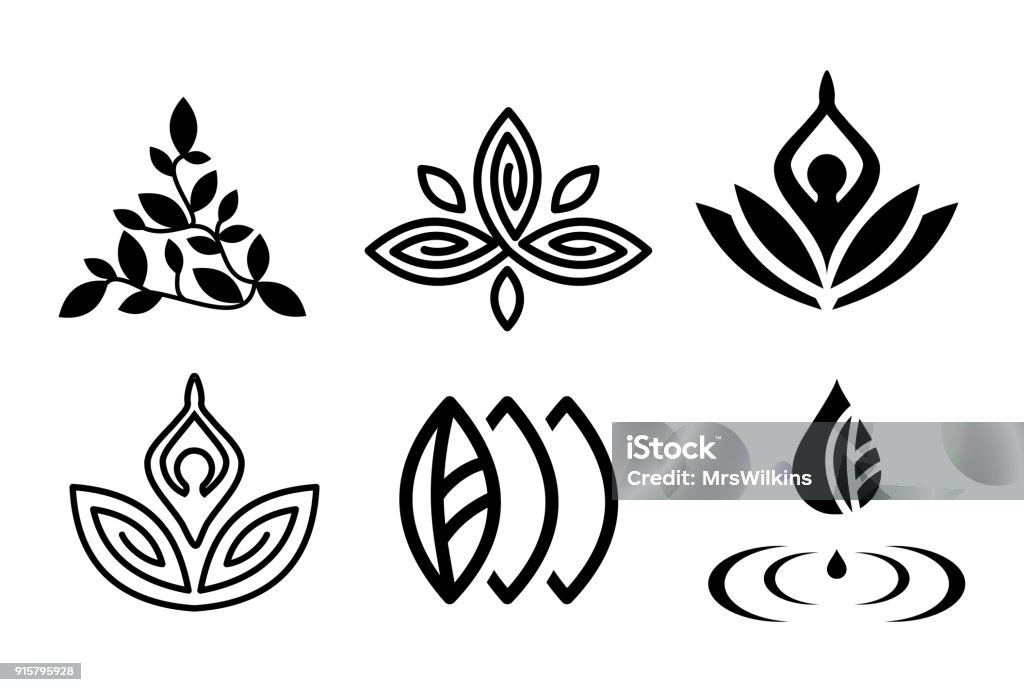 Satz von wunderschönen Yoga und Spa Symbole und Logos Vektor - Lizenzfrei Yoga Vektorgrafik