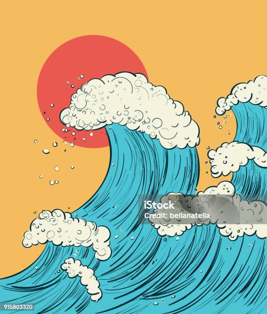 Hand Draw A Cartoon Illustration Of The Wave In Japanese Style Vector Digital Drawing Stock Illustration - Download Image Now