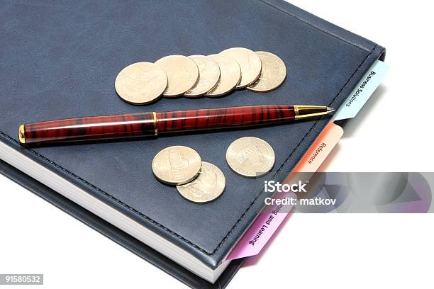 Diary Pen And Coins On White Stock Photo - Download Image Now - Arrangement, Backgrounds, Ballpoint Pen