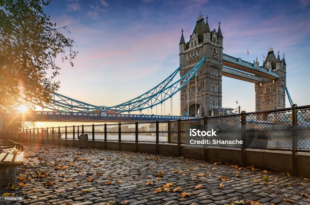 The Tower Bridge in London during a golden sunrise The Tower Bridge in London, United Kingdom, during a golden sunrise London - England Stock Photo