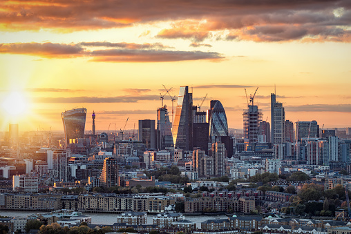 The City of London, Financial hub of the United Kingdom, during sunset