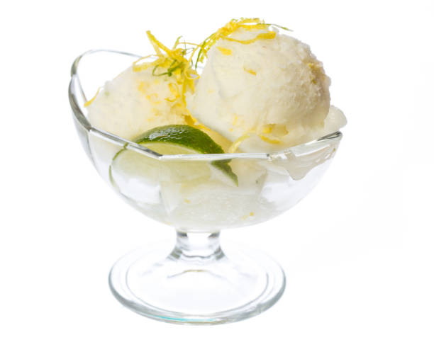 single lemon ice cream sundae on white background