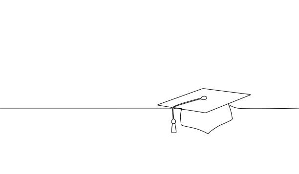 單連續線藝術畢業帽。頒獎典禮碩士學位學院畢業設計素描圖向量圖 - 文憑 插圖 幅插畫檔、美工圖案、卡通及圖標