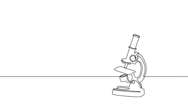 Single continuous line art science research microscope. Biology micro technology medicine business design one sketch outline drawing vector illustration Single continuous line art science research microscope. Biology micro technology medicine business design one sketch outline drawing vector illustration art laboratory drawings stock illustrations