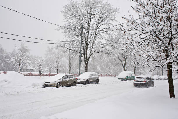 istock Cars on road in snowfall 915819120