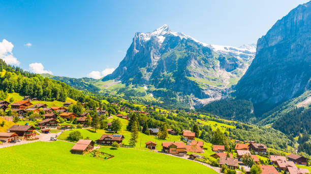Grindelwald is a village in the Interlaken Oberhasli district in the canton of Berne in Switzerland. Arial view Grindelwald is a village in the Interlaken Oberhasli district in the canton of Berne in Switzerland. Arial view grindelwald photos stock pictures, royalty-free photos & images