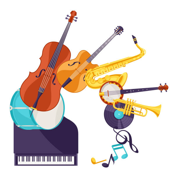 hintergrund mit musikinstrumenten. jazz-musik-festival-plakat - music musical note treble clef dancing stock-grafiken, -clipart, -cartoons und -symbole