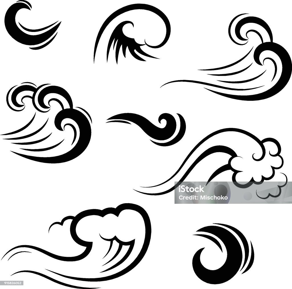 Collection of water waves, vector silhouettes Set of isolated water waves, vector silhouettes Wind stock vector