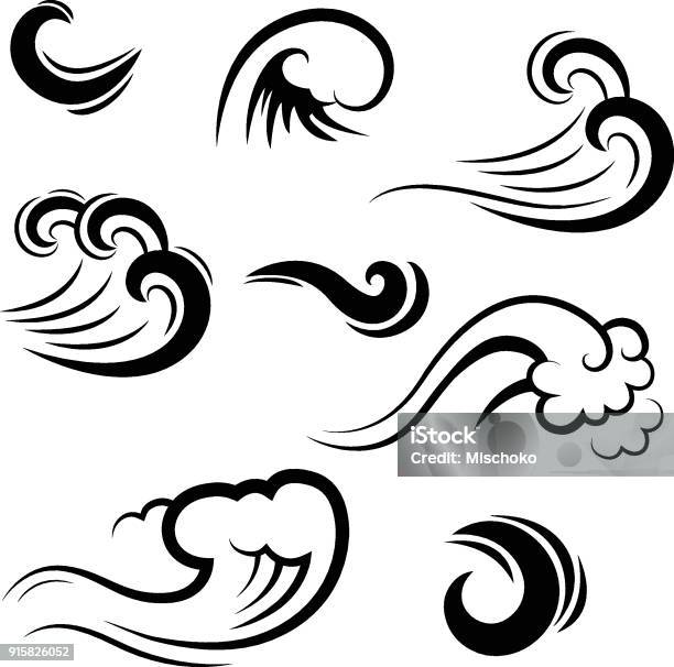 Collection Of Water Waves Vector Silhouettes Stock Illustration - Download Image Now - Wind, Clean, Computer Graphic