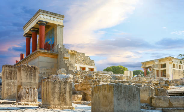 Knossos palace at Crete, Greece Knossos Palace, is largest Bronze Age archaeological site on Crete and the ceremonial and political centre of the Minoan civilization and culture. stock photo
