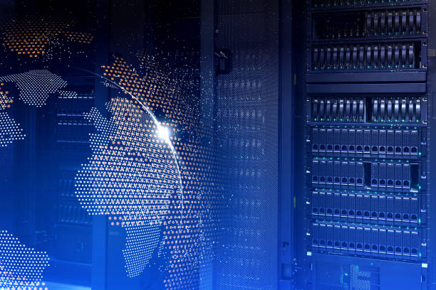 istock Big data concept. Servers and storage of modern data center with hologram planet earth 915835116