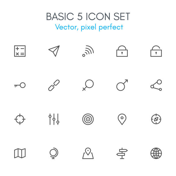 Basic 5 theme, line icon set. Basic 5 theme, line icon set. Pixel perfect, fully editable stroke, black and white, vector icon set suitable for websites, info graphics, and print media. female sharp shooter stock illustrations