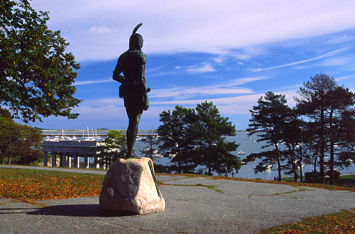 Day of Mourning Plaque and Massasoit Statue on Cole's Hill in Plymouth, Massachusetts. Credit: United Native Americans of New England