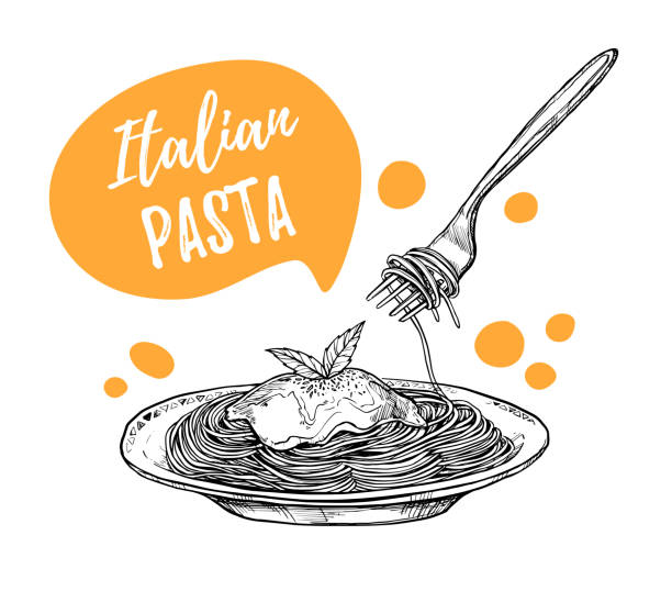 手には、ベクトルのイラストが描かれました。デザイン テンプレート - パスタです。イタリア料理。スケッチ スタイルのデザイン要素です。最適なメニューの配信、ブログ、レストラン バ� - spaghetti tomato preparing food italian cuisine点のイラスト素材／クリップアート素材／マンガ素材／アイコン素材