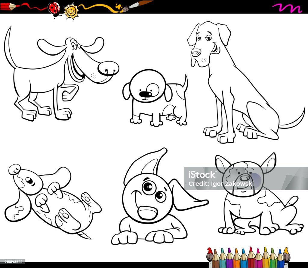 cartoon dogs characters coloring book Black and White Cartoon Illustration of Dogs Animal Characters Set Coloring Book Animal stock vector