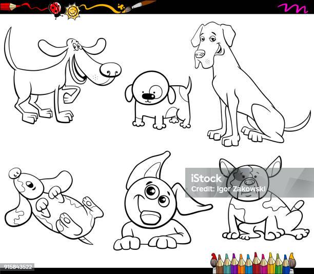 Cartoon Dogs Characters Coloring Book Stock Illustration - Download Image Now - Animal, Arranging, Black And White