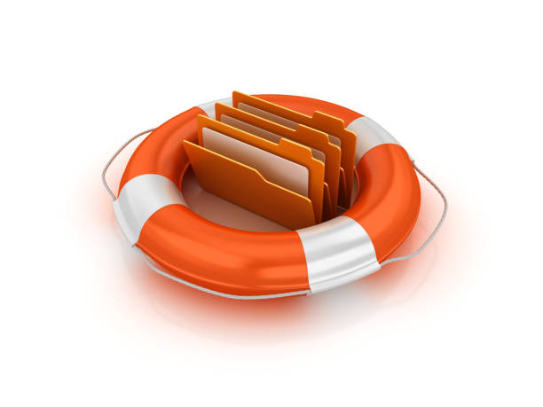 rettungsring mit computer-ordner - 3d rendering - backup buoy life belt backups stock-fotos und bilder