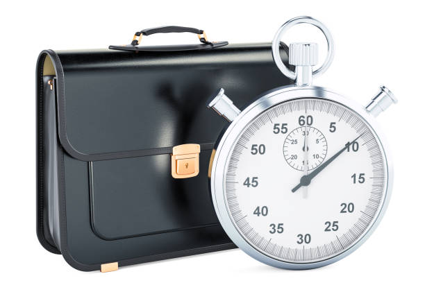 istock Time management concept, briefcase with chronometer. 3D rendering isolated on white background 915849624