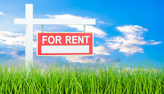 For Rent sign in green grass, 3d rendering