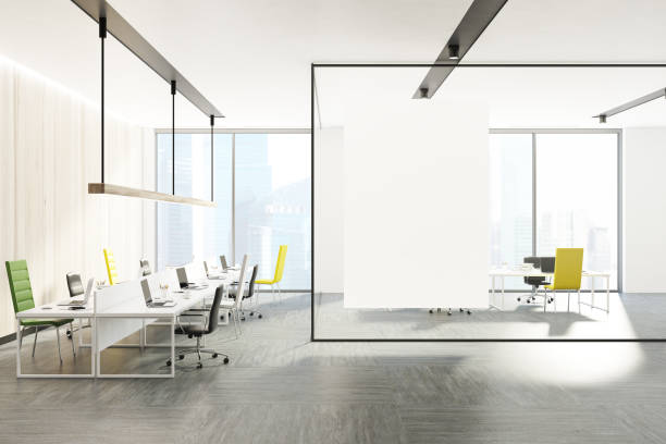 istock Modern office interior, green and yellow chairs 915850662