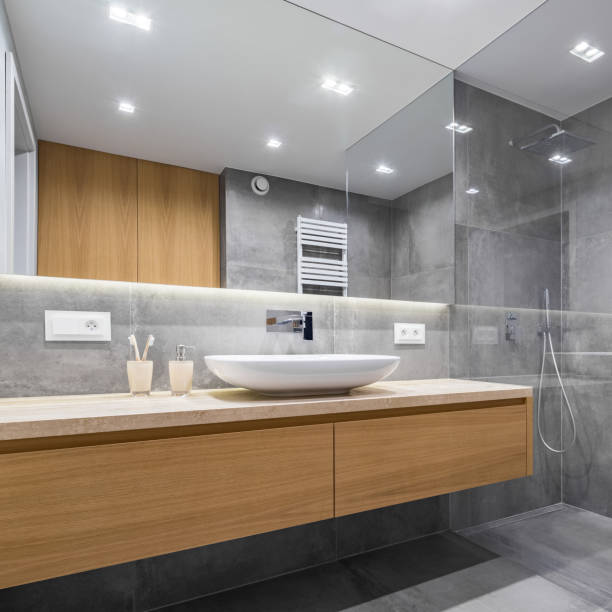 istock Bathroom with shower and mirror 915852892