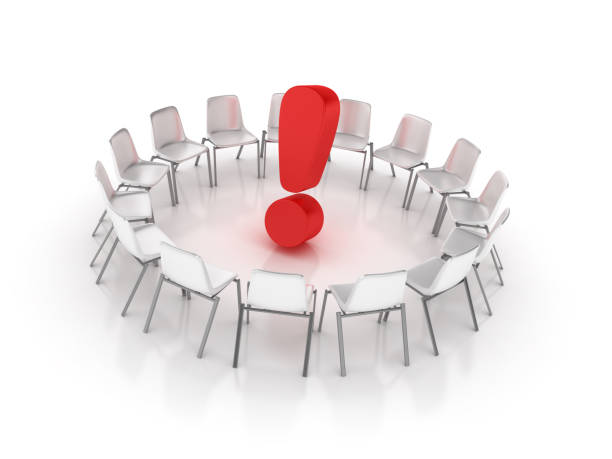 istock Circle of Chairs with Exclamation Point - 3D Rendering 915853504