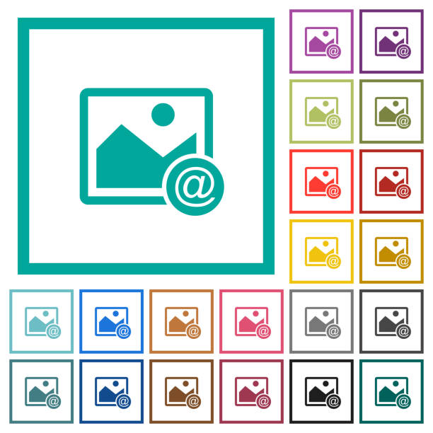 senden sie bild als e-mail-flache farbige icons mit quadrant frames - abschicken fotos stock-grafiken, -clipart, -cartoons und -symbole