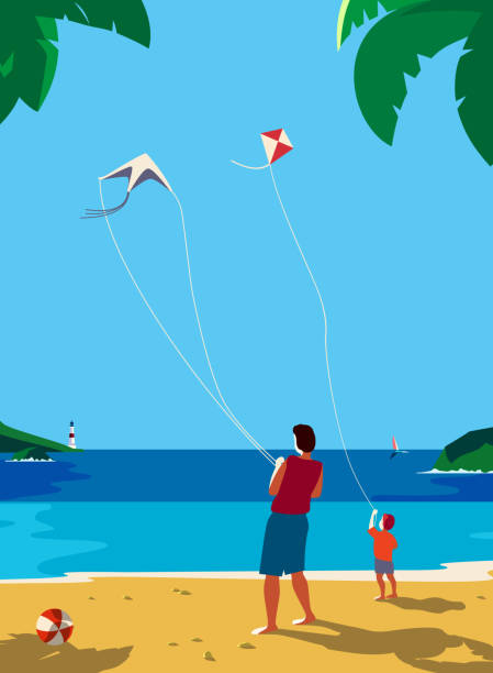 bildbanksillustrationer, clip art samt tecknat material och ikoner med kiting på strand vid havet - flying kite