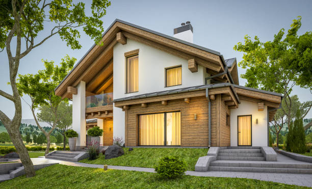 istock 3d rendering of modern cozy house in chalet style 915861082