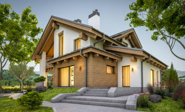 istock 3d rendering of modern cozy house in chalet style 915861182
