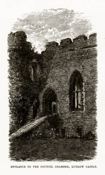 Ludlow, England, Entrance to the Council Chamber, Ludlow Castle, Victorian Engraving, Circa 1840 Very Rare, Beautifully Illustrated Antique Engraving of Ludlow, England, Entrance to the Council Chamber, Ludlow Castle, Victorian Engraving, Circa 1840 from Our Own Country, Great Britain, Descriptive, Historical, Pictorial. Published in 1880. Copyright has expired on this artwork. Digitally restored. ludlow shropshire stock illustrations
