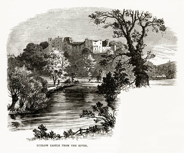 Ludlow, England, Ludlow Castle from the River, Victorian Engraving, Circa 1840 Very Rare, Beautifully Illustrated Antique Engraving of Ludlow, England, Ludlow Castle from the River, Victorian Engraving, Circa 1840 from Our Own Country, Great Britain, Descriptive, Historical, Pictorial. Published in 1880. Copyright has expired on this artwork. Digitally restored. ludlow shropshire stock illustrations