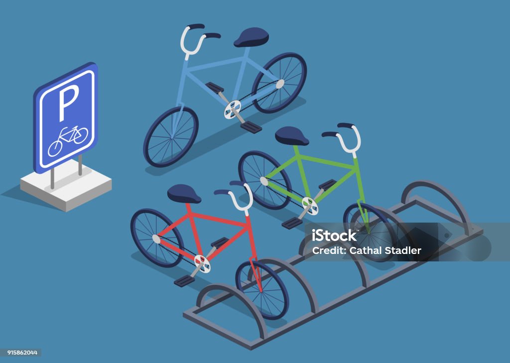 Parking pour vélos vecteur 3D isométrique illustration - clipart vectoriel de Activité libre de droits