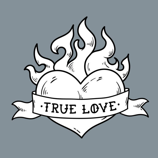 illustrations, cliparts, dessins animés et icônes de tatouage de coeur enflammé avec ruban. amour sincère. - valentines day love true love heart shape