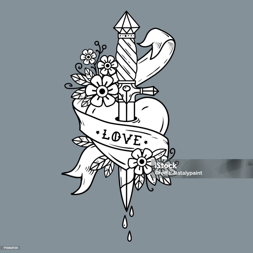 Gagger piercing heart with dripping blood.Love Gagger piercing heart with dripping blood. Heart bleeding. Betrayal. Heart with ribbon and lettering Love. Retro tattoo. Old school retro vector illustration.Black and white tattoo Tattoo stock vector