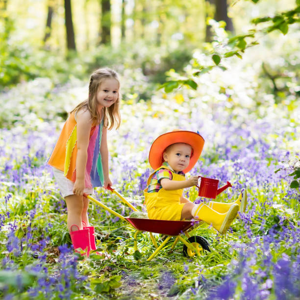 istock Kids with bluebell flowers, garden tools 915876104