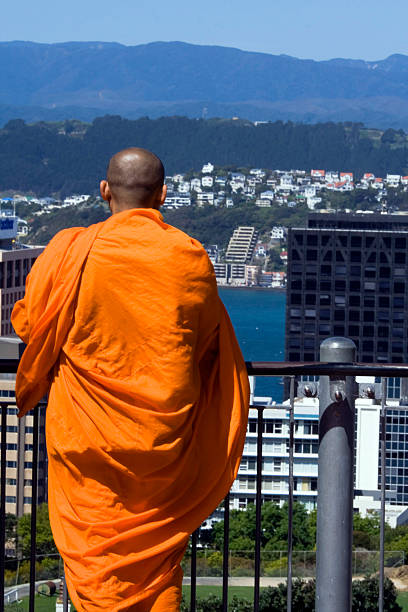 Buddhist Monk looking from the view point in Wellington stock photo