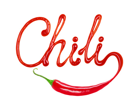The word Chili written with ketchup and red hot natural chili pepper pod, isolated on white background