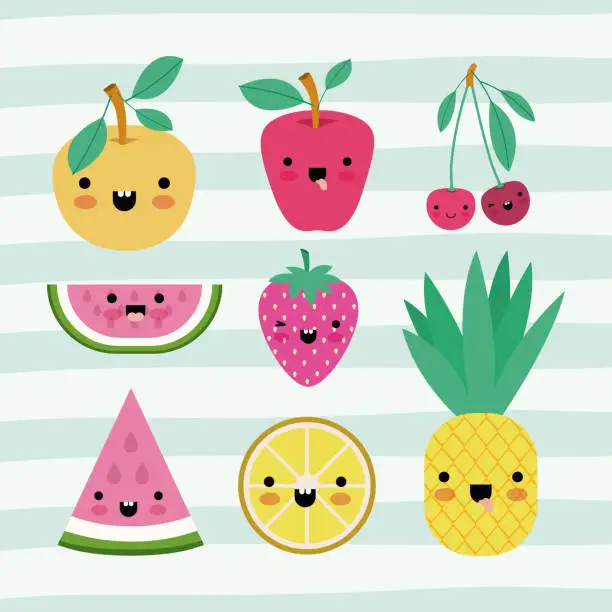 Vector illustration of kawaii fruits set collection on decorative lines color background