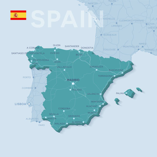 mapa miast i dróg w hiszpanii. - barcelona sevilla stock illustrations