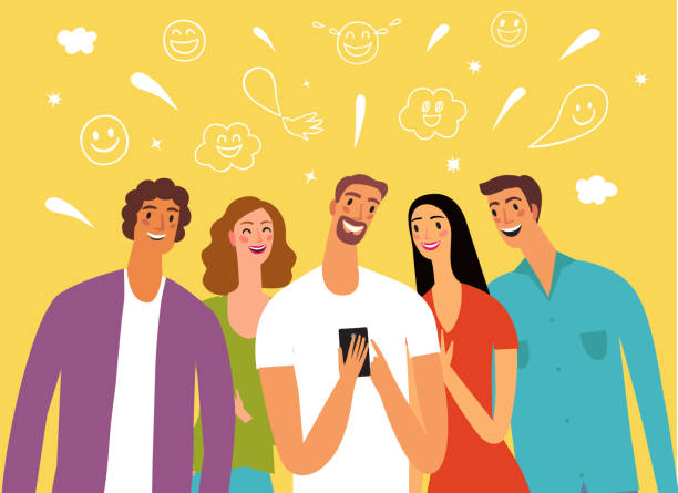 Friends looking video and laughing. Friends looking video and laughing. Cartoon portraits. Joke and fun illustration. friends laughing stock illustrations